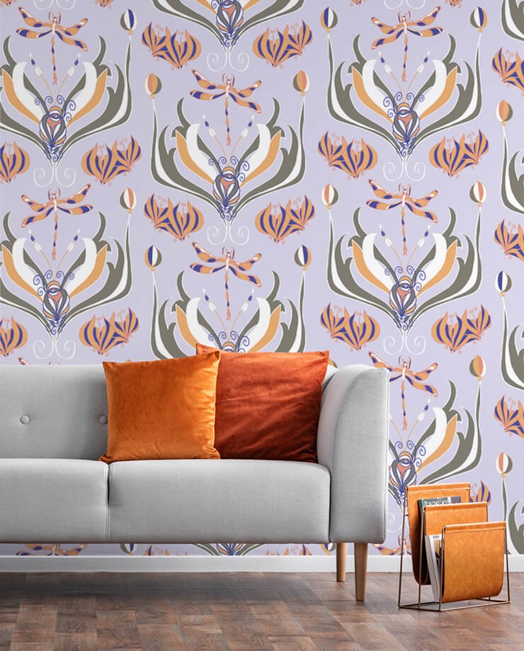 purple art nouveau wallpaper in living room