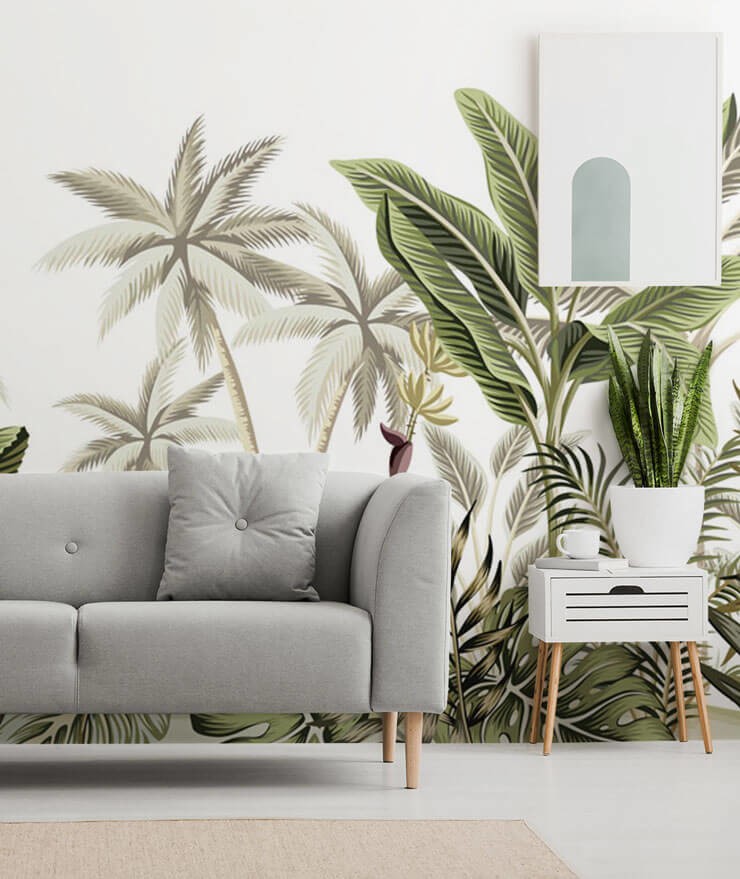 green jungle on white background wallpaper with grey couch