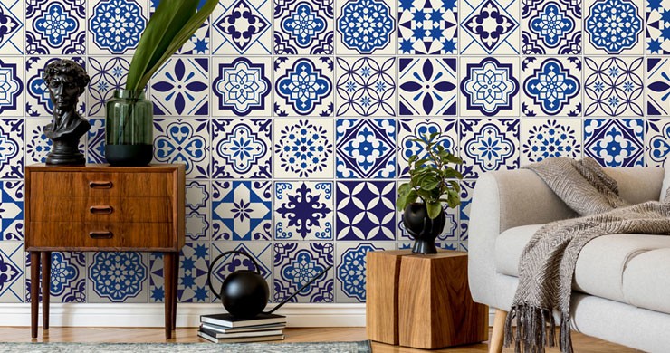 ornate blue and white tile wallpaper in trendy lounge