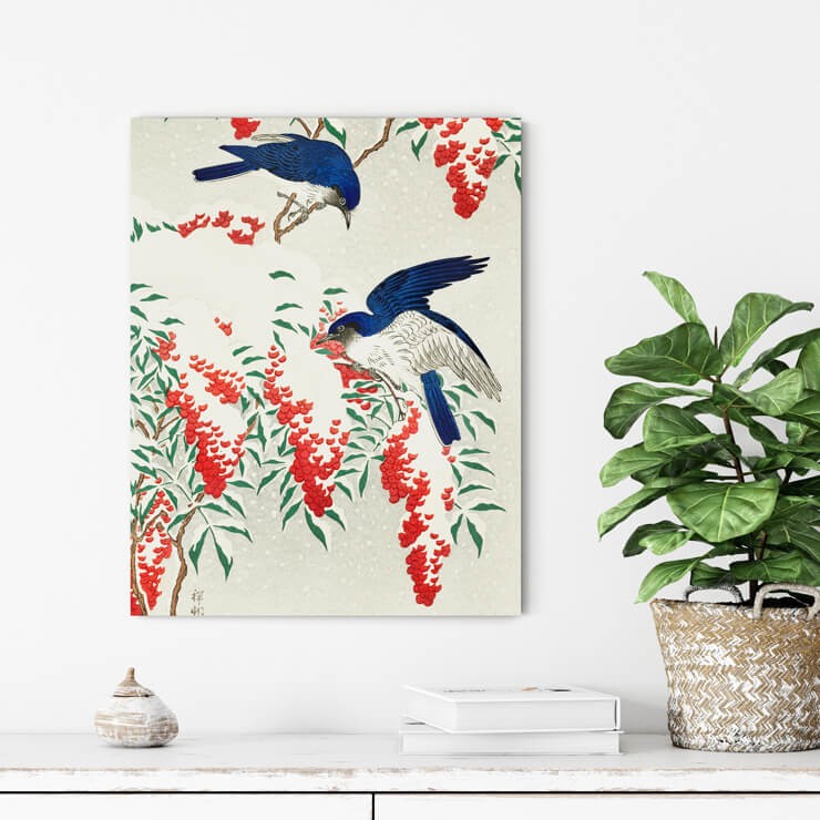 home decor gifts metal print with bird and red berries