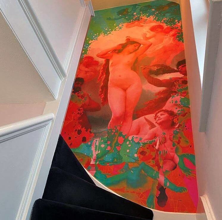 pink and green abstract art wallpaper on staircase
