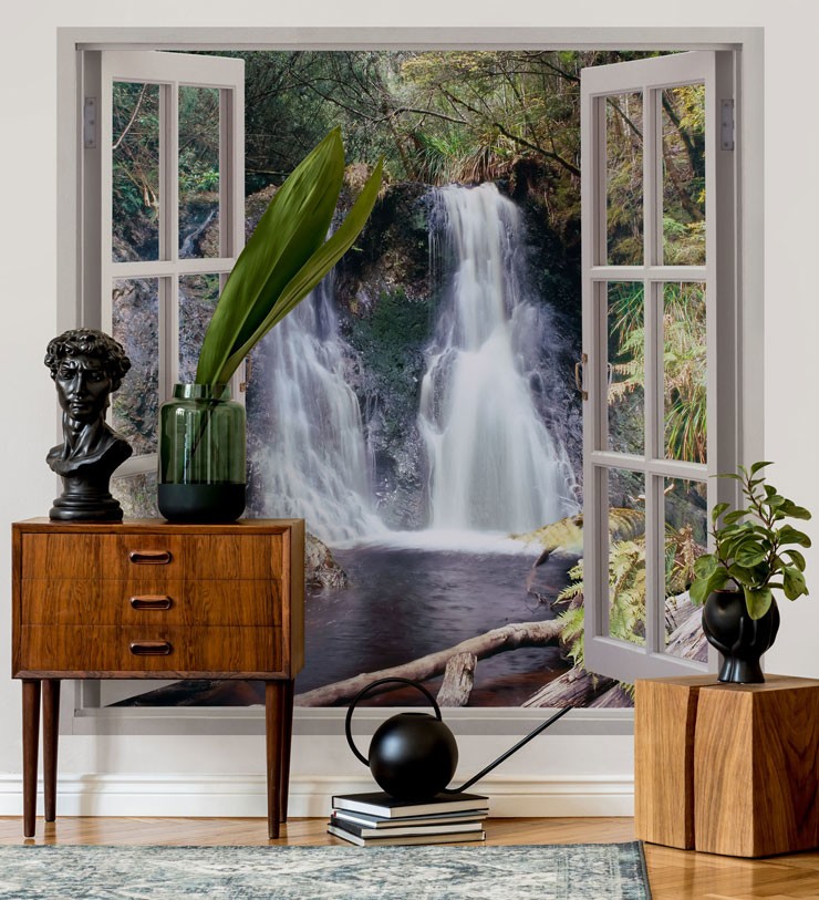 white window panes with a tropical waterfall view wallpaper in stylish and classic lounge