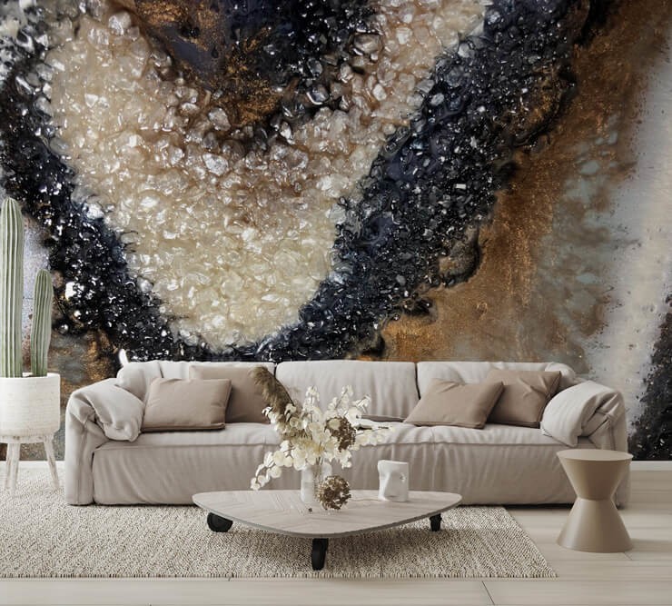 natural and dark geode effect mural in neutral lounge