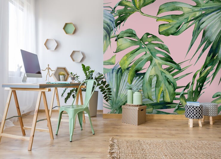 pink jungle wallpaper with leaf pattern in home office
