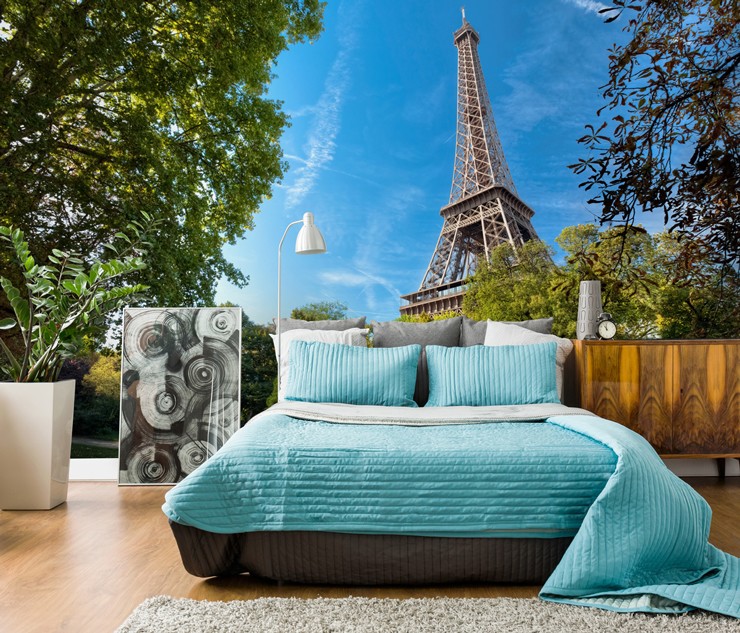 Paris wall mural with Eiffel tower in bedroom