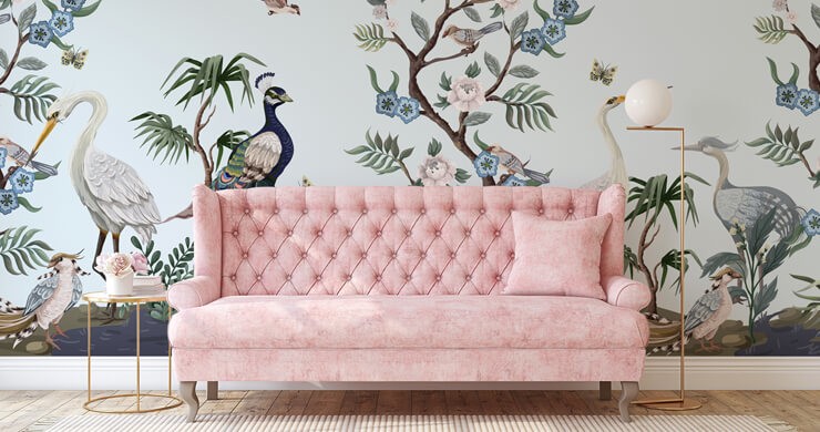 blue and pink bird chinoiserie wallpaper in pink lounge