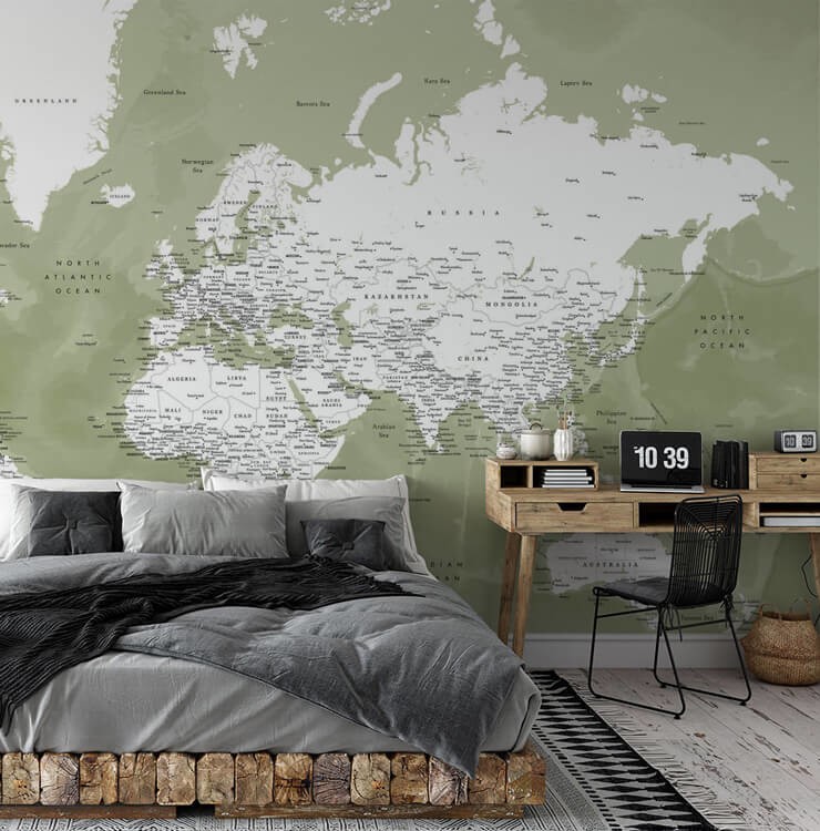 sage green world map wall mural in dark grey bedroom