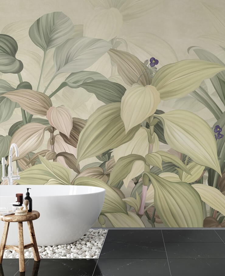 green tropical leaf wallpaper in minimal bathroom