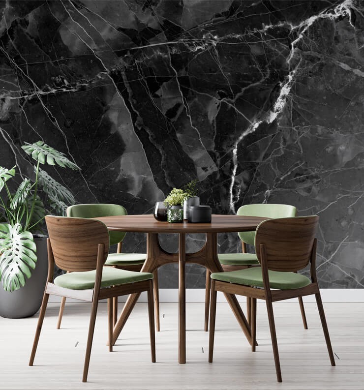 black and white marble wallpaper in green dining room