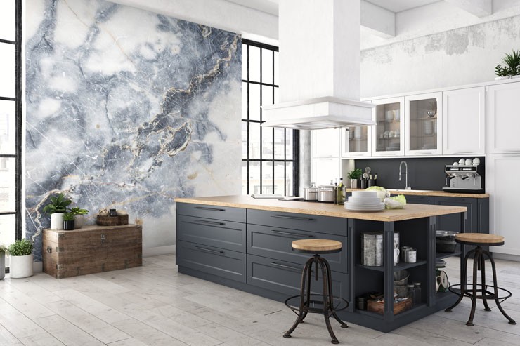 blue and white marble in trendy open plan kitchen