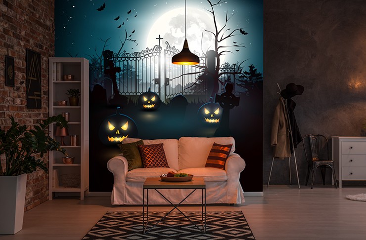 cartoon pumpkin wallpaper in halloween lounge