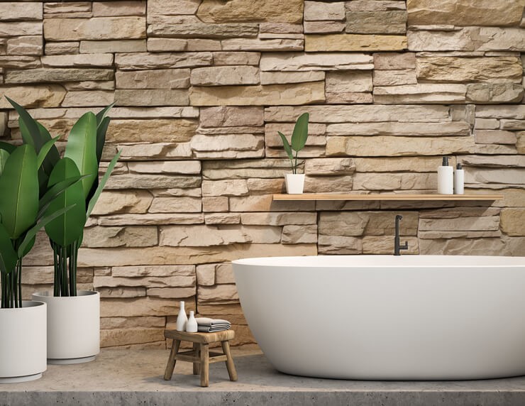 stone effect wallpaper with tub for bathroom ideas 2022