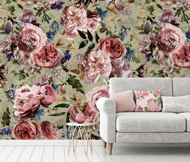 green and pink floral wallpaper in grey and pink lounge