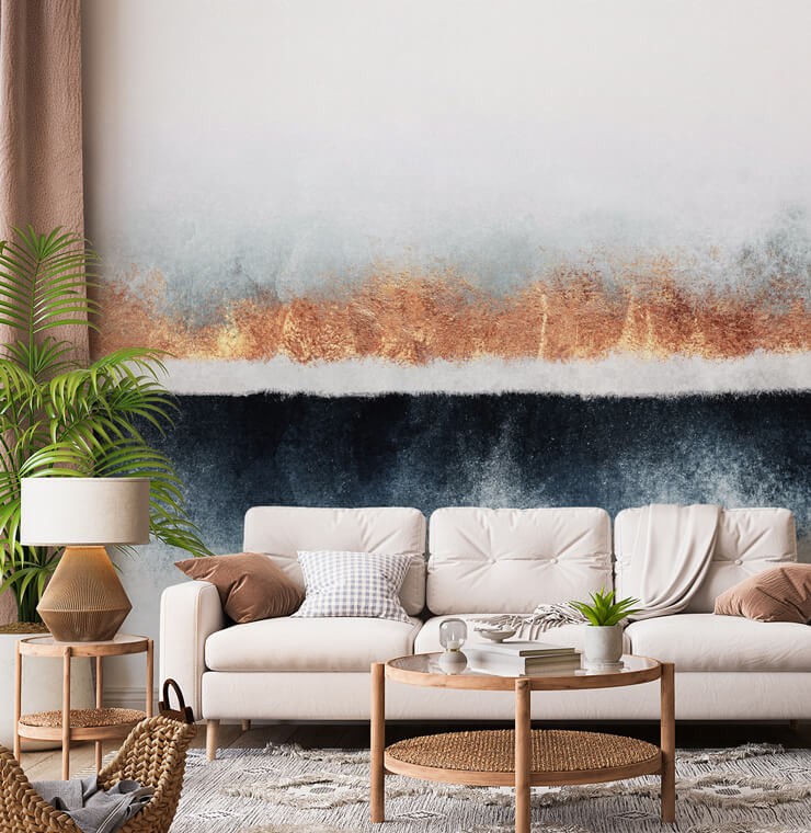 dark grey, off white and gold abstract wallpaper in boho lounge