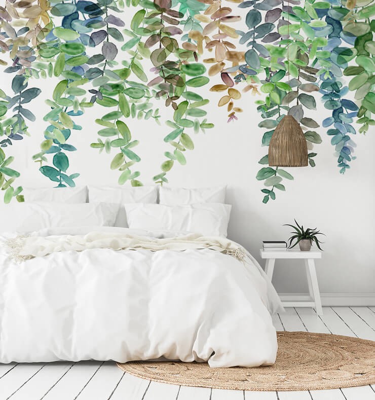 off white and green hanging foliage wall mural in white bedroom