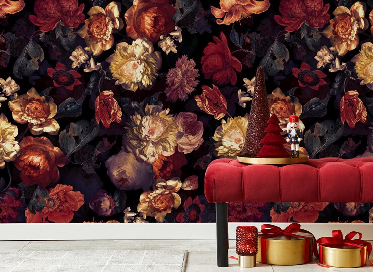 red toned dark floral wallpaper with red christmas decor trends and decorations