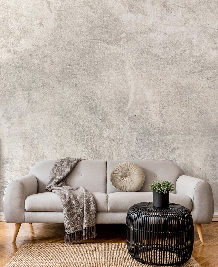 Vintage effect plaster mural in beige living room
