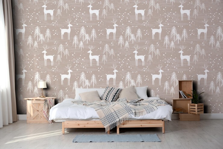 Neutral bedroom with a beige, nordic style Christmas wallpaper 