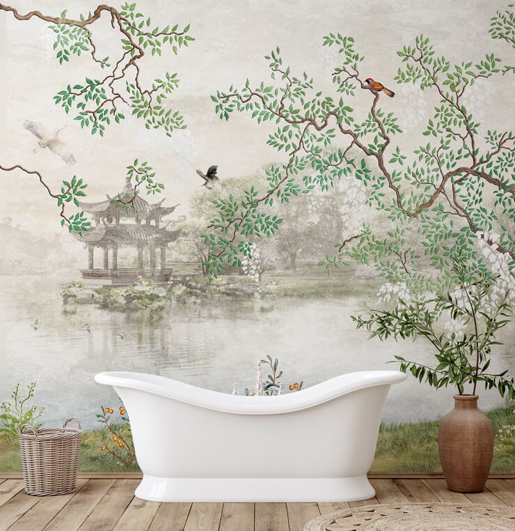 vintage chinois wallpaper in wallpapered bathroom