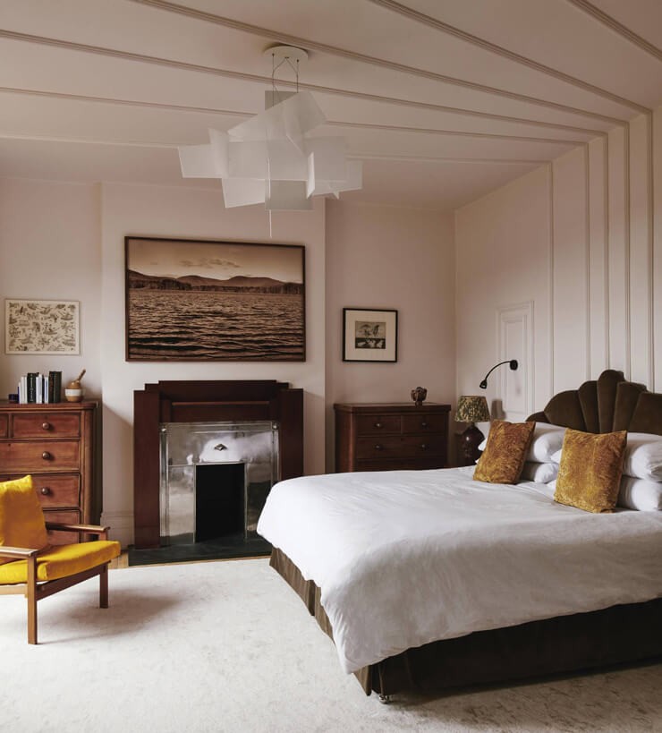 dark wood, mustard and white vintage bedroom