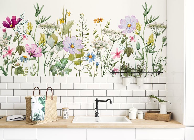 white country kitchen with meadow flower wallpaper above white tiles