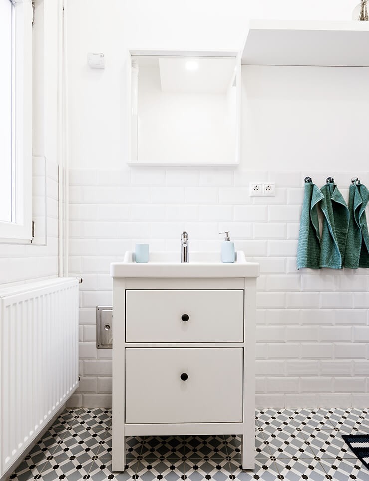 white bathroom cabinet in small bathroom