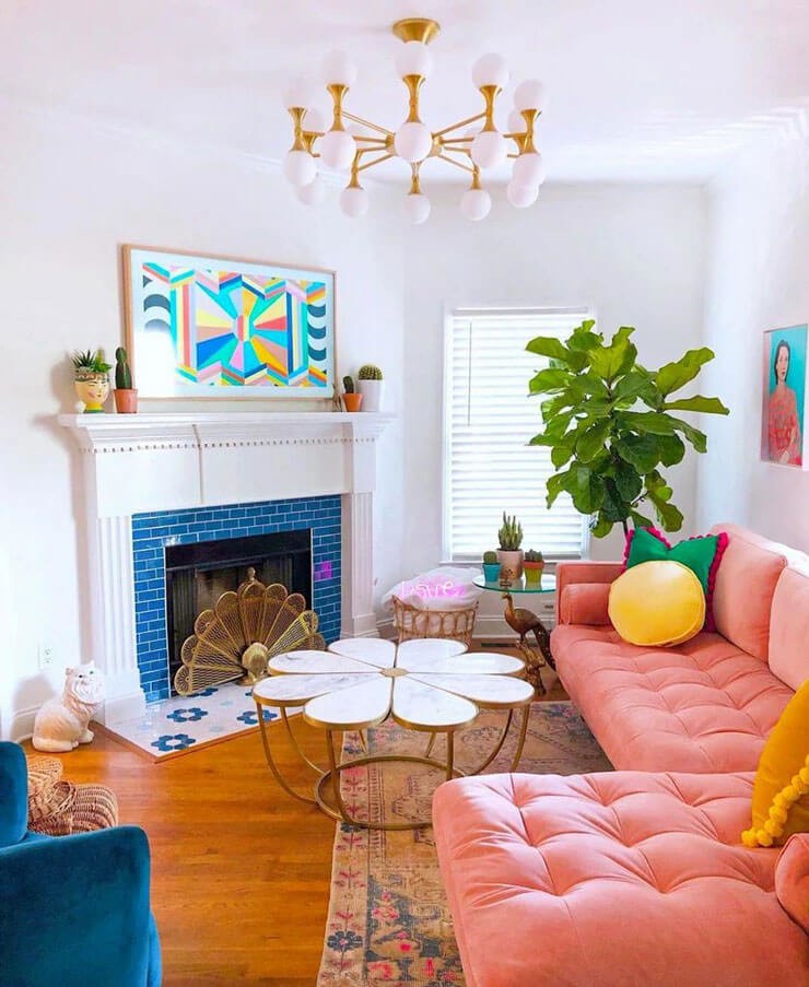 70s style living room with colourful decor