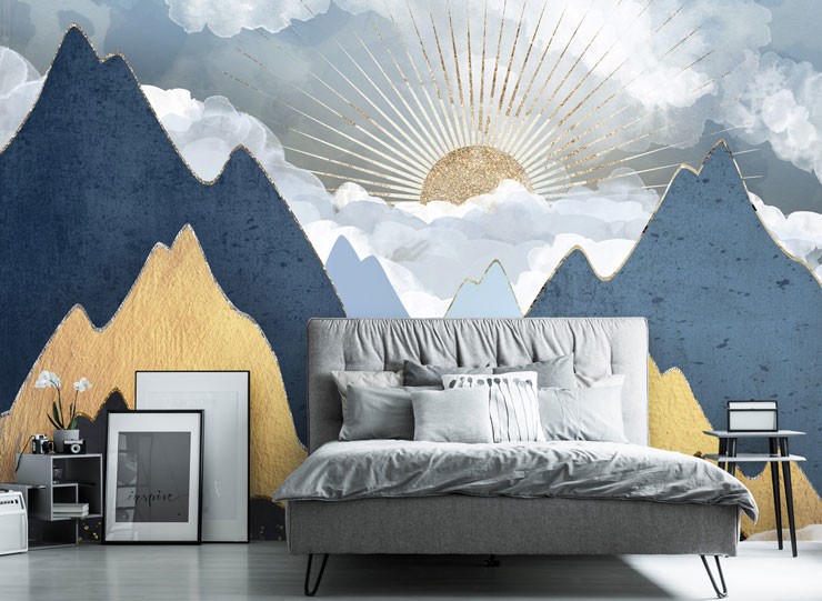 art deco wallpaper in navy and gold bedroom