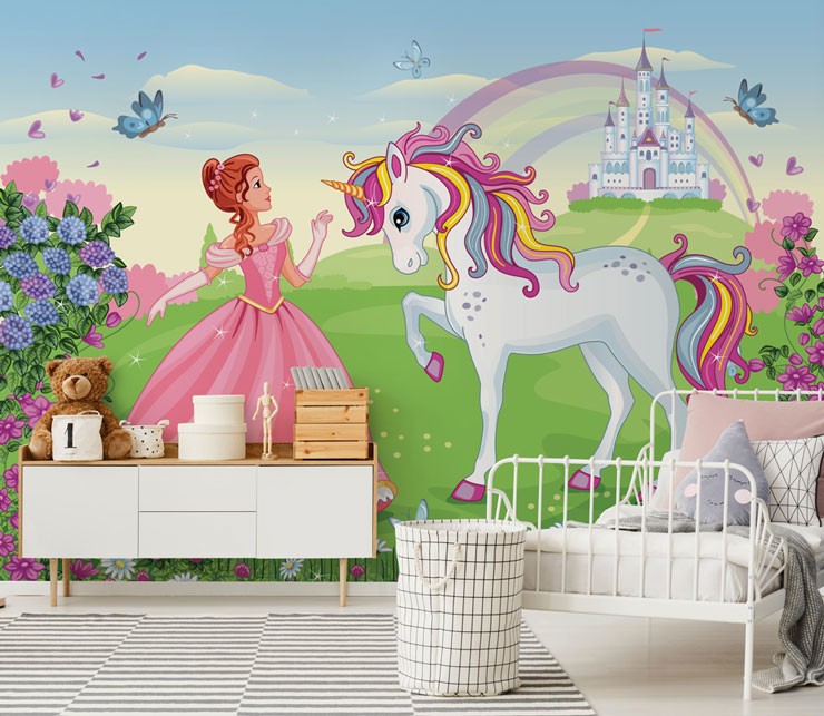 cartoon princess in pink dress with white unicorn with colourful mane wallpaper in girl's bedroom