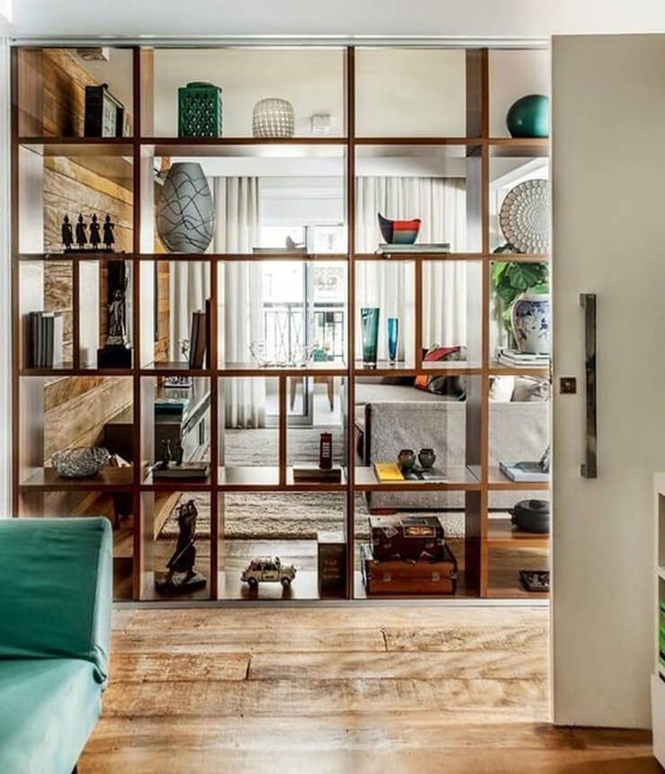 see through box shelving in open plan apartment