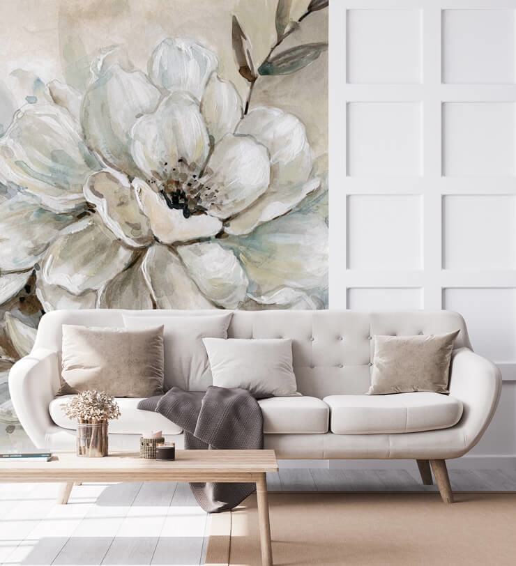 Neutral floral wallpaper in living room