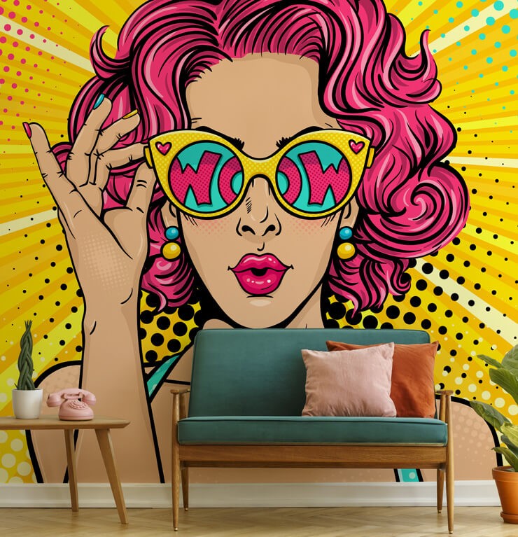 pink and yellow pop art woman wallpaper in colourful lounge