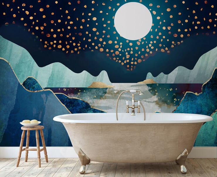 navy and gold mountain and moon wallpaper in gold bathroom
