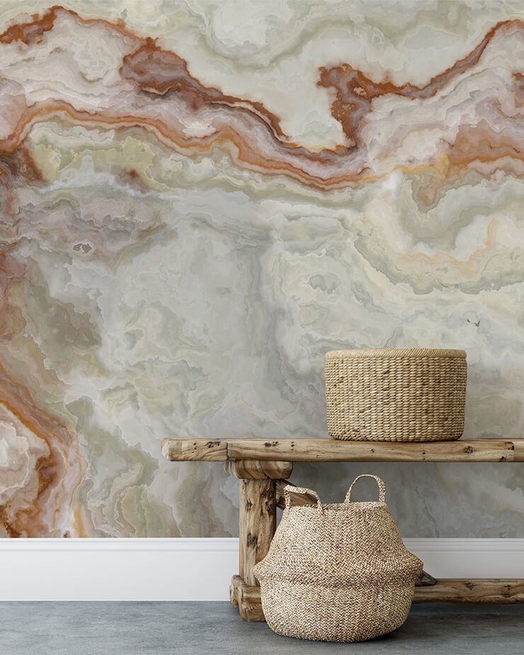 marble wall mural with wooden dining area for kitchen remodel