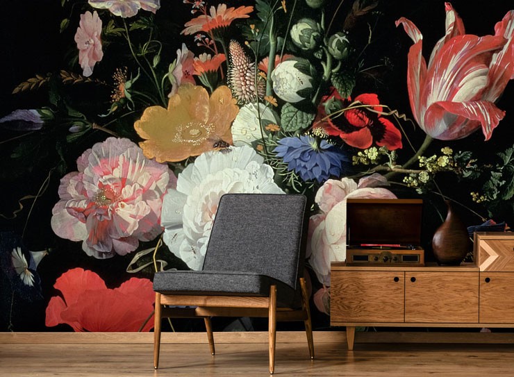 painted dark floral work of art wall mural in trendy lounge