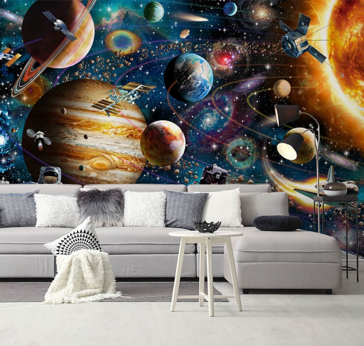 colourful space planets wallpaper in black and white lounge