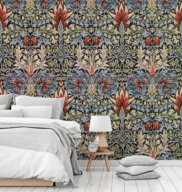 dark william morris wallpaper in bedroom