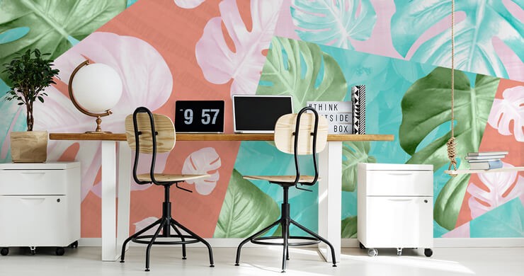 peach and mint green wallpaper in trendy home office