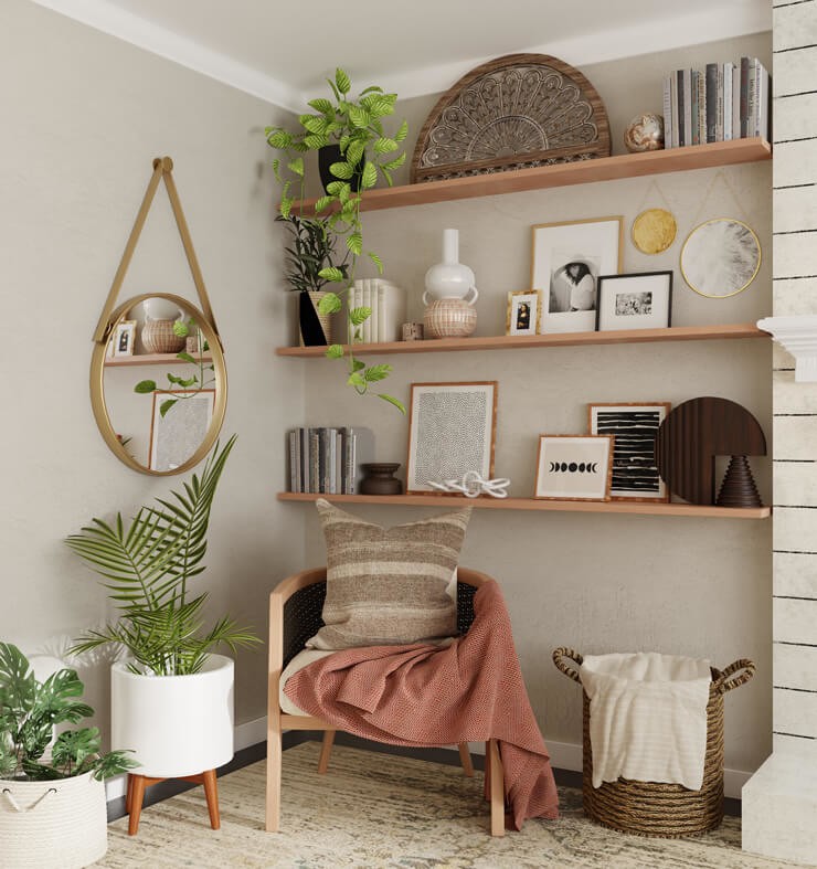 Beige living room wall with pine bookshelves styled with books and ornaments and trailing plants