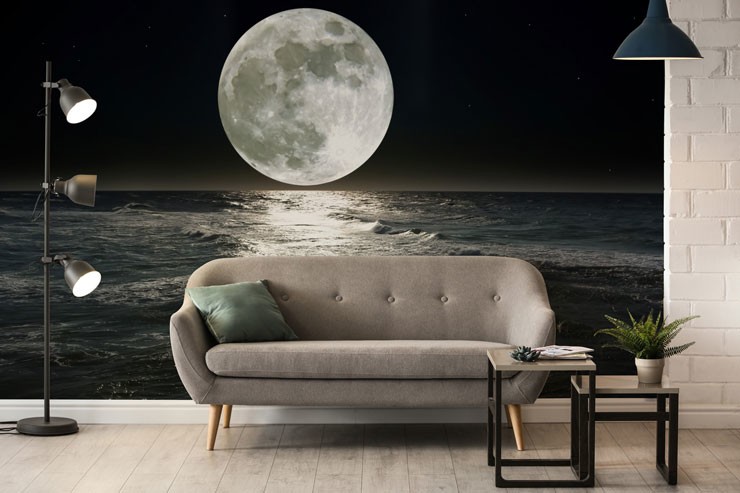 black and white moon reflecting on water in trendy grey open loft apartment