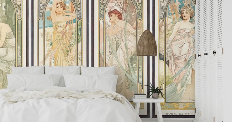 Opulant living ina bedroom with crisp white bed sheets and an art nouveau wallpaper