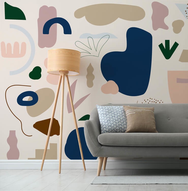 pastel toned shapes wallpaper in cool living room