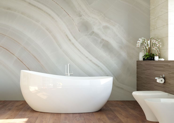 luxurious lined white marble wall mural in stylish bathroom