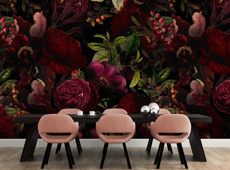 dark maroon flowers in blush pink modern dining room