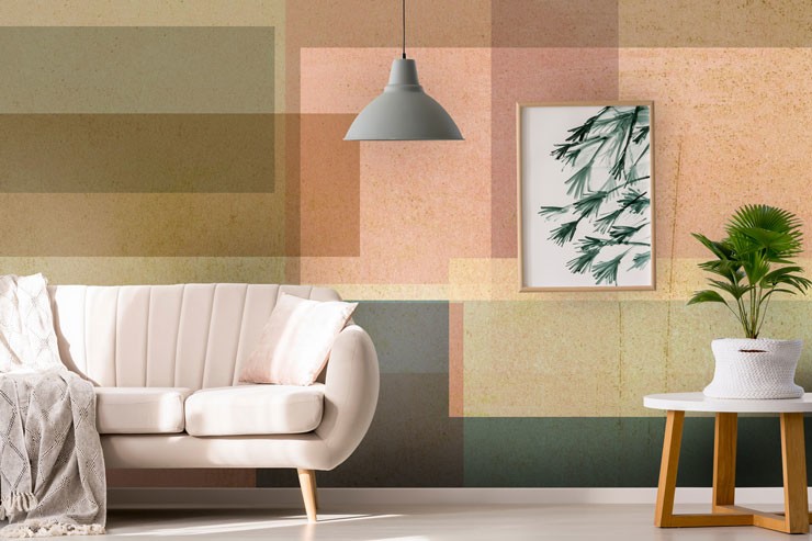 abstract pink, brown and grey wallpaper in modern living room
