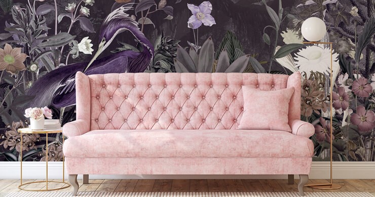 dark purple floral and heron wallpaper in pink living room