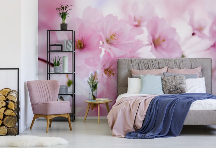 pink blossom flowers in grey and pink bedroom