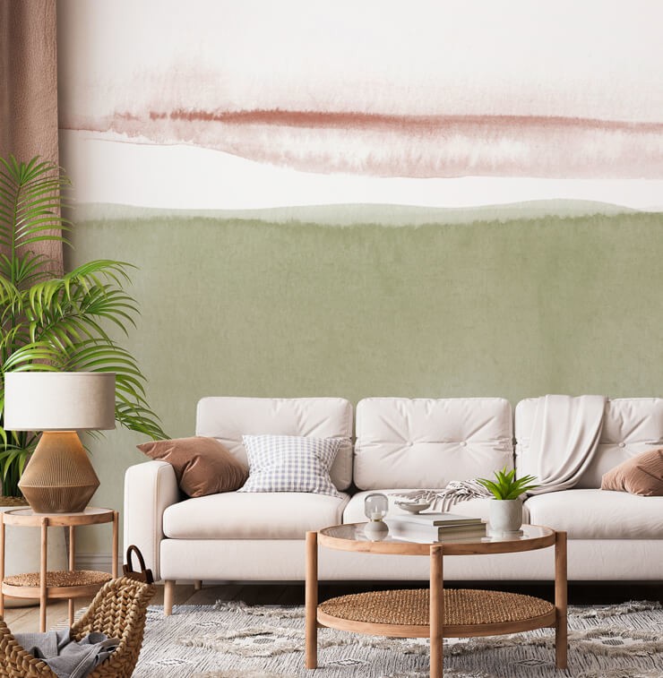 olive and pink watercolour wallpaper in living room