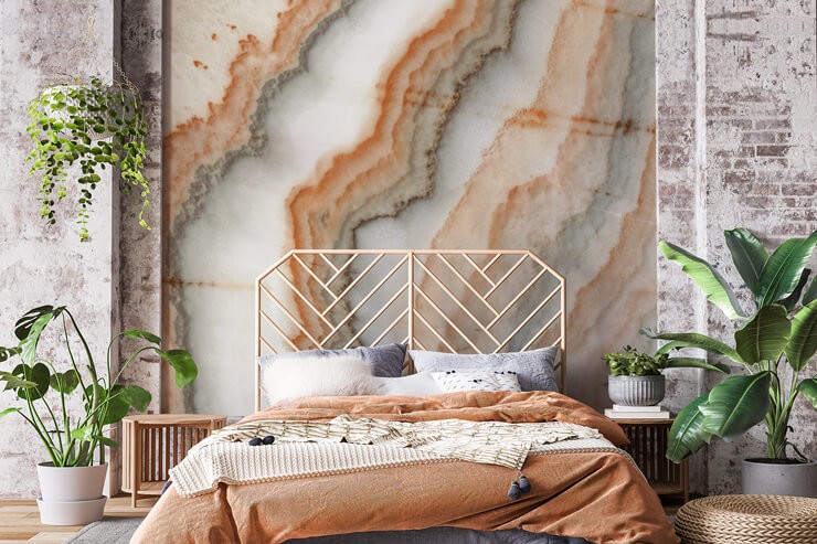 orange marble wallpaper in boho bedroom