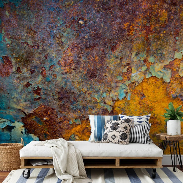 orange rust wallpaper in modern sitting area